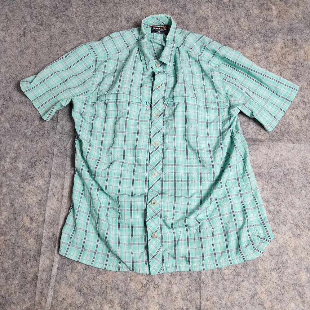Simms Fishing Products Shirt Men M Blue White Scotch Plaid Button Up Gorpcore‎